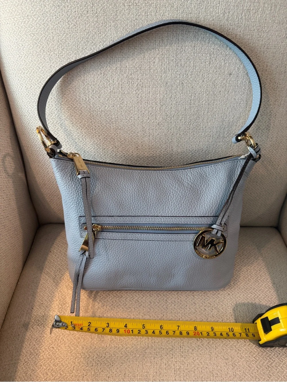 Michael Kors Pale Blue Pebbled Leather Shoulder Bag with Gold Tone Hardware